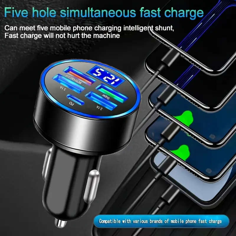 5-Port Car Charger with LED Display - Fast Charging for Multiple Devices, Universal 12-24V Adapter