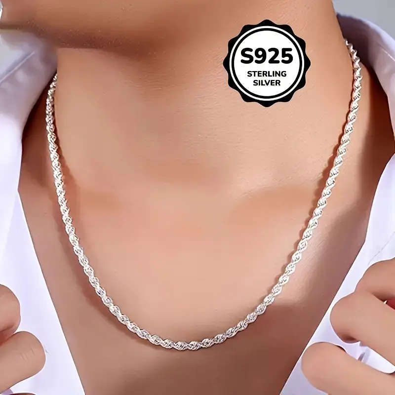 925 Sterling Silver Twisted Rope Necklace, Simple Hip-Hop Style, Shiny Basic Chain