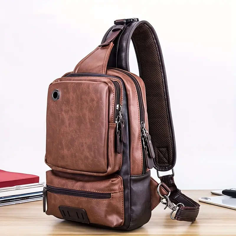 Men's Large Capacity Chest Backpack Retro Multi-layer Slant Shoulder Bag With Earphone Cables Hole