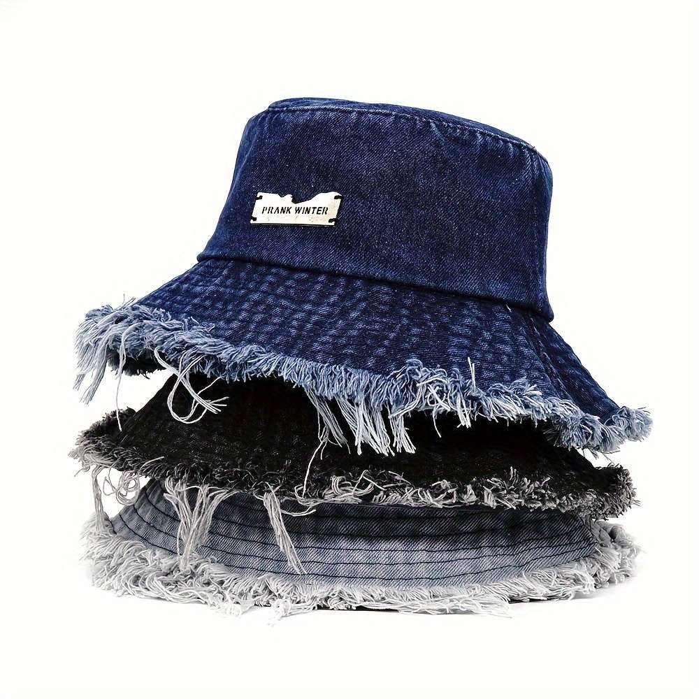 Sun Protection Polyester Bucket Hat With Frayed Edge Design Hand Washable Woven Denim Style Ca