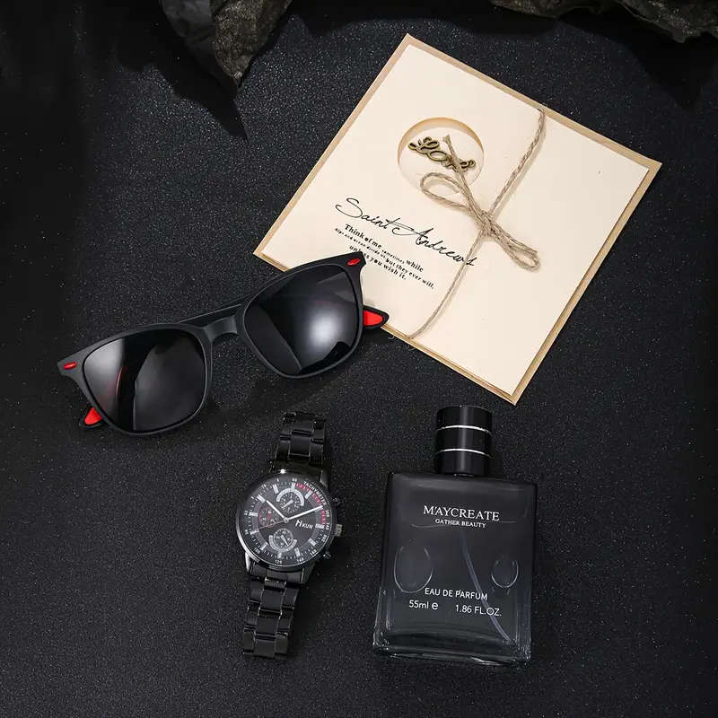 Set of 3 Including a Stylish Men'S Quartz Watch Perfume And Glasses Packaged As a Gift Box Perfect f