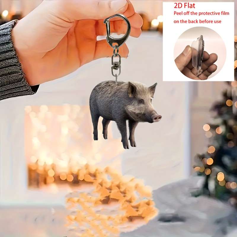 1pc 2D Flat   Cute Wild Boar Acrylic Keychain Waterproof  Design Realistic Fur Texture