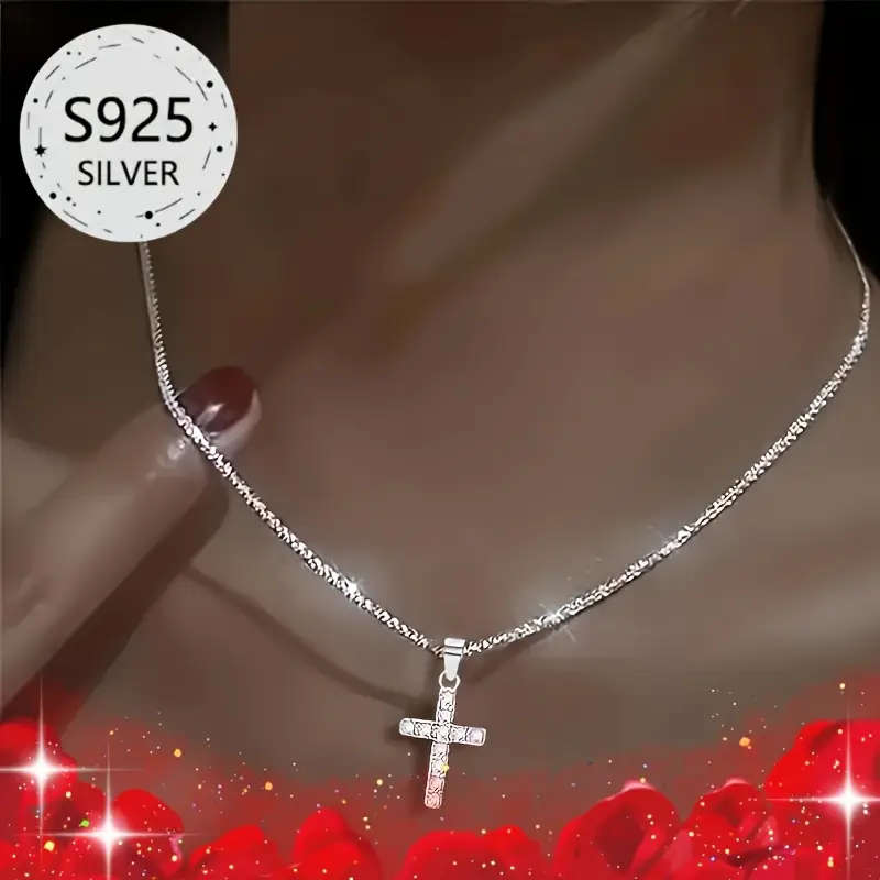 3 Piece  925 Sterling Silvery Cross Necklace, Sparkling Synthetic Zirconia Necklace and Shimmerin