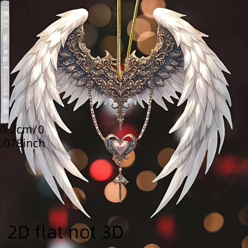 1pc 2D Flat  Elegant  Acrylic Angel Wings Pendant with Heart-Shaped Keychain Ethereal White G