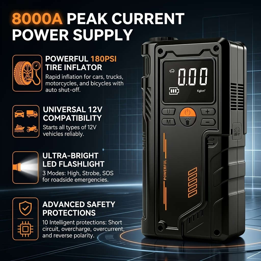 Heavy Duty 9 in 1 Emergency Car Jump Starter and Tyre Inflator