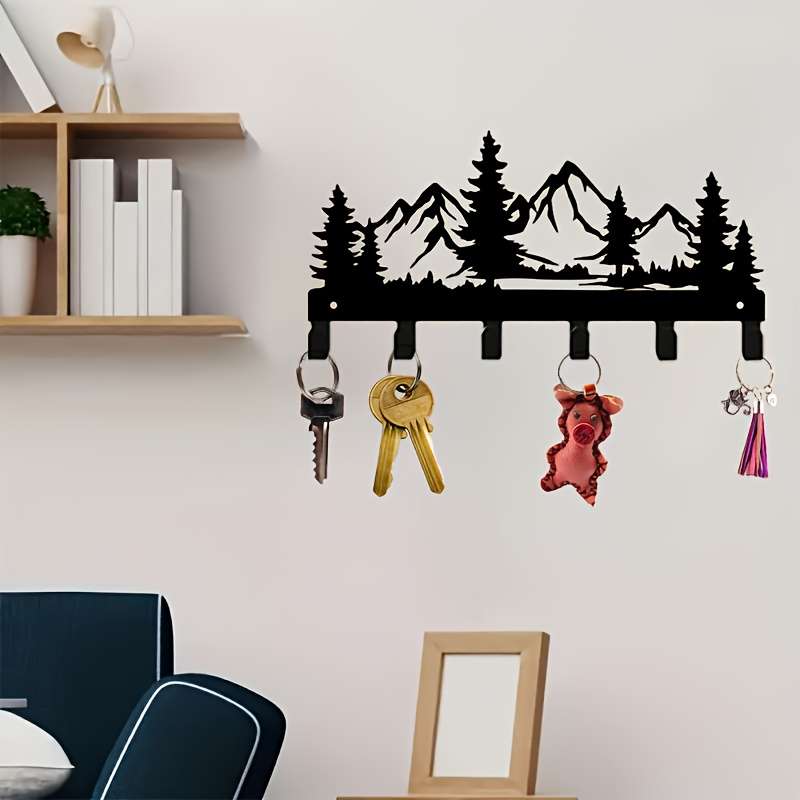 Rustic Forest Metal Key Holder Wall Mount Stylish Mountain  Pine Tree Design with 6 Hooks for Key