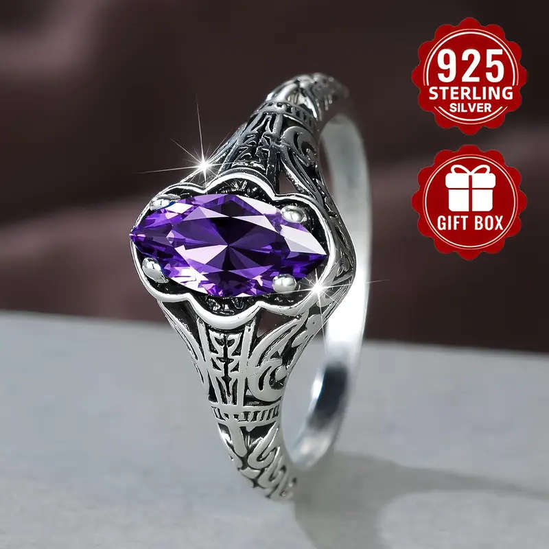 S925 Silver Vintage Elegant Marquise Cut Purple Synthetic Synthetic Zirconia Ring
