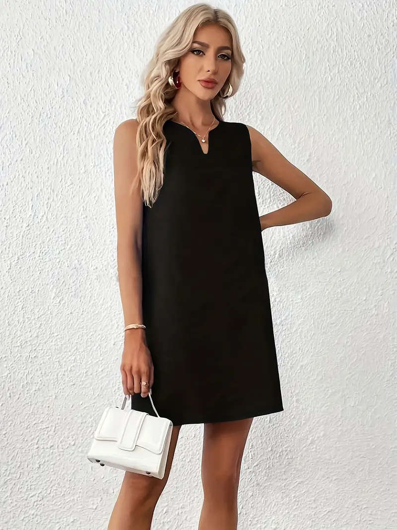 Notched Neck Plain Color Tank Dress