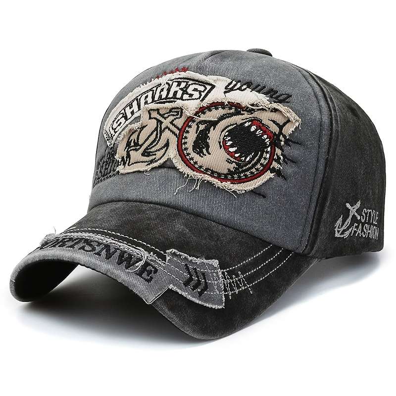 1pc Unisex Vintage Washed Baseball Cap with Shark Embroidery Adjustable Trucker Hat for Men Wom
