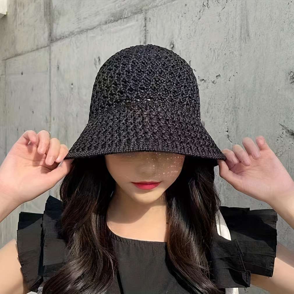 Summer Sun Hat Hollow Out Knitted Polyester Bucket Hat Sun Protection
