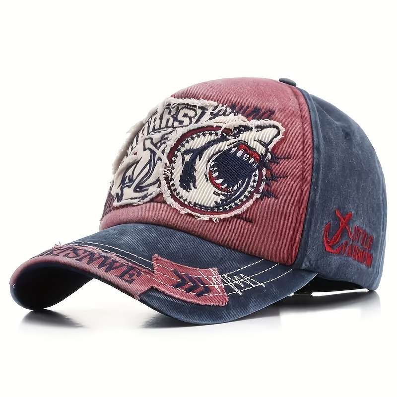 1pc Unisex Vintage Washed Baseball Cap with Shark Embroidery Adjustable Trucker Hat for Men Wom