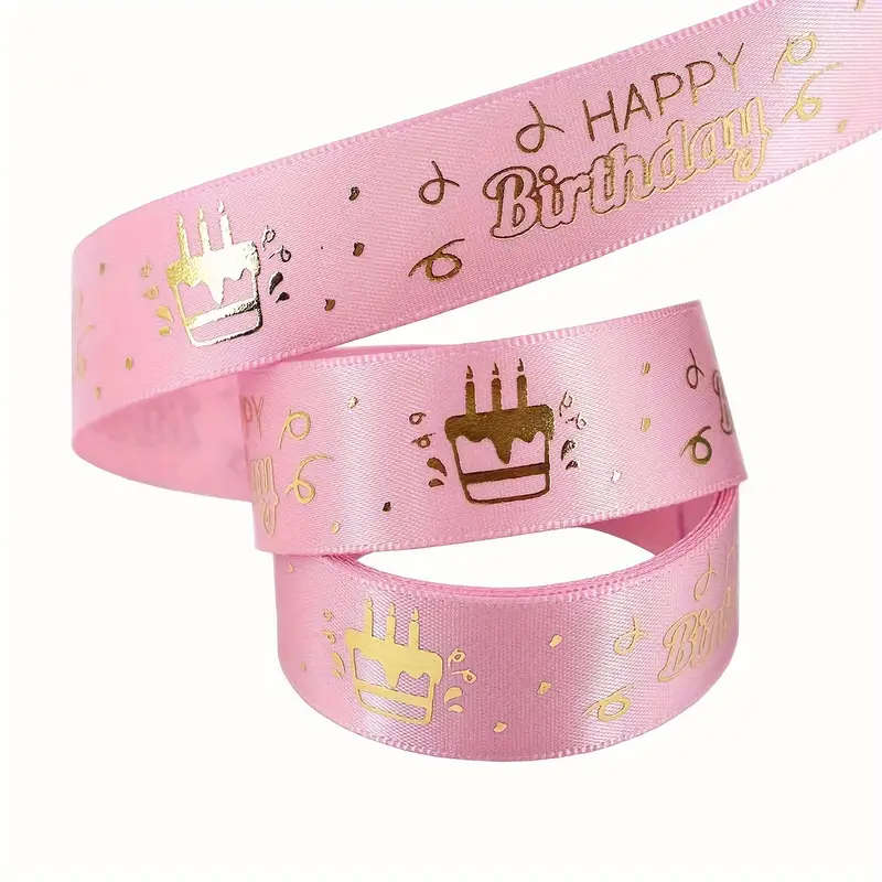 Classic Happy Birthday Print Polyester Ribbon Pink