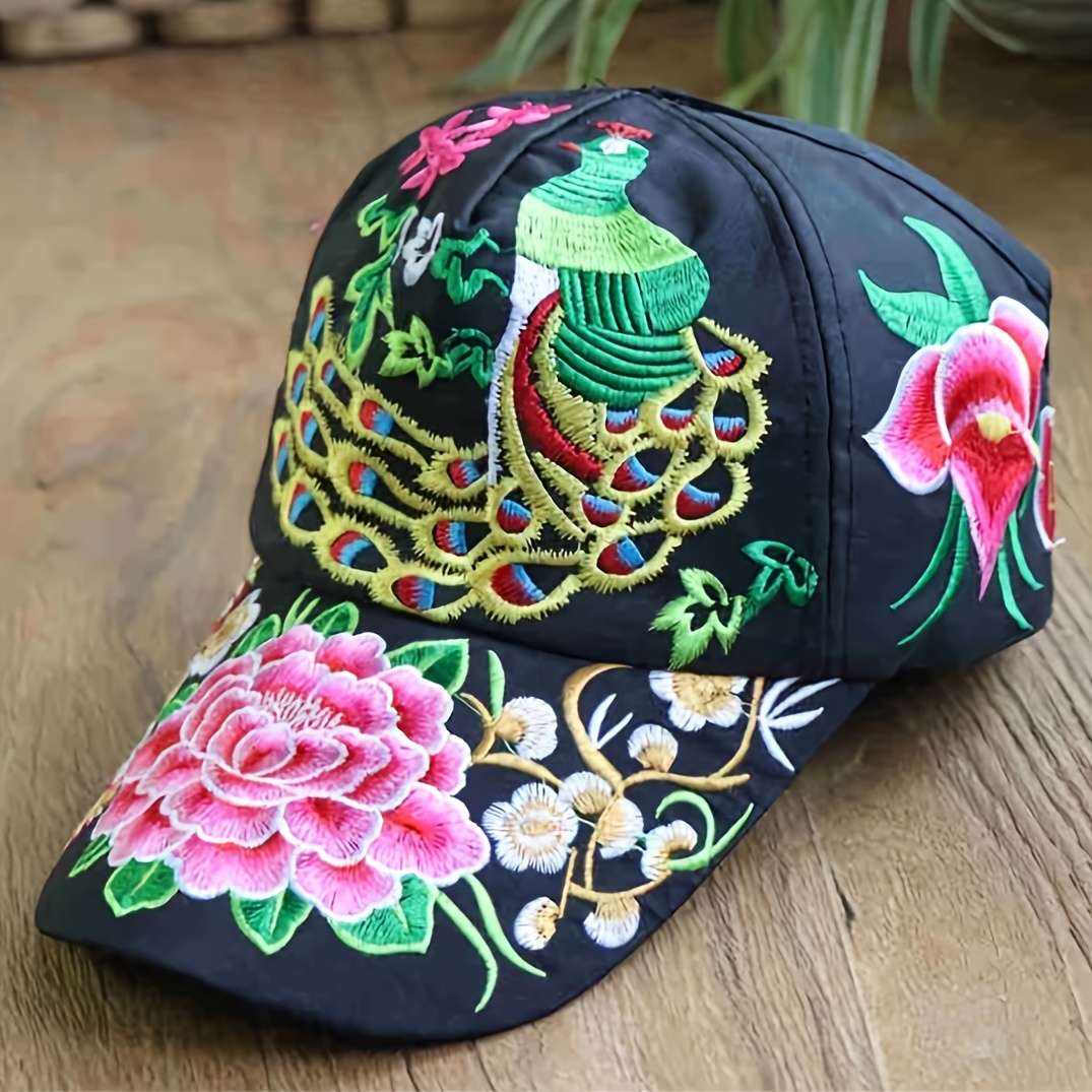 1pc Elegant Oriental-Inspired Women's Baseball Cap with Floral Bird Embroidery Adjustable Sun-