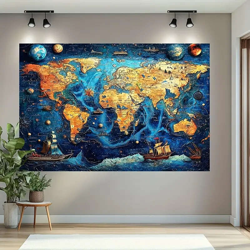 BIG!!! Colorful Relief World Map Printed Banner - Durable Fabric with Vibrant Mixed Colors