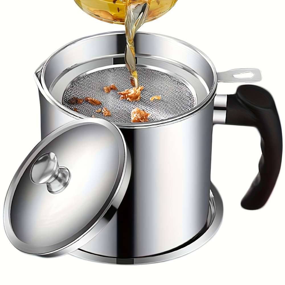 1pc Stainless Steel Kitchen Grease Container with Strainer Easy-Pour Handle Ideal for Cooking Oi