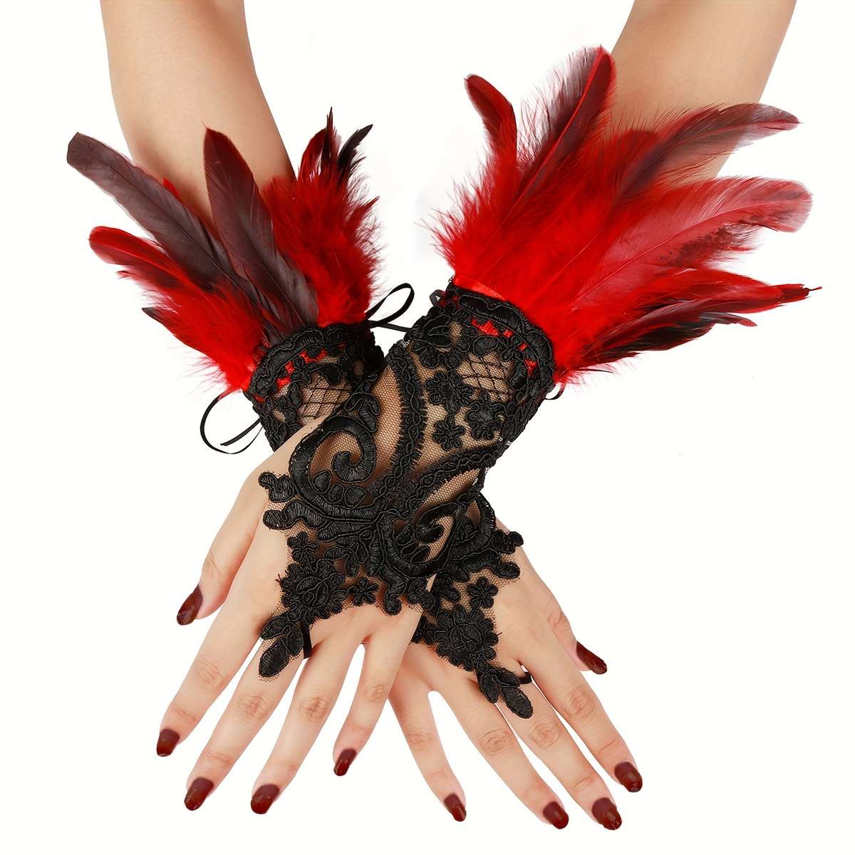 1 Pair Red Lace Faux Feather Gloves
