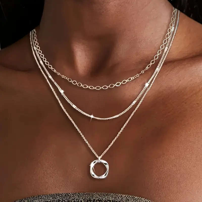 Boho-Chic 925 Sterling Silver Layered Necklace with Round Pendant