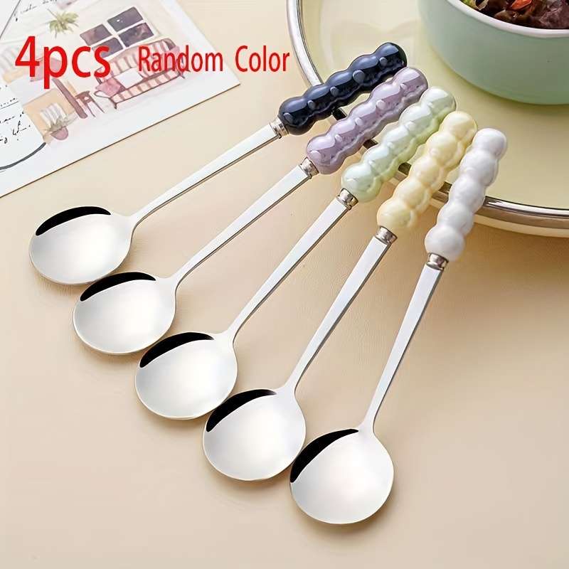 4pcs Stainless Steel Coffee Scoops with Elegant Ceramic Pearl Handle Multi-Purpose Soup Desse