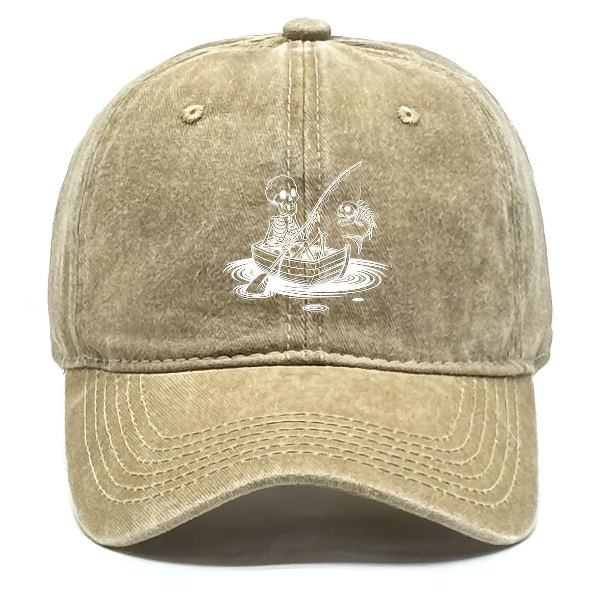 Stylish Unisex Skeleton Fishing Print Baseball Cap Adjustable Snapback Lightweight Cotton D