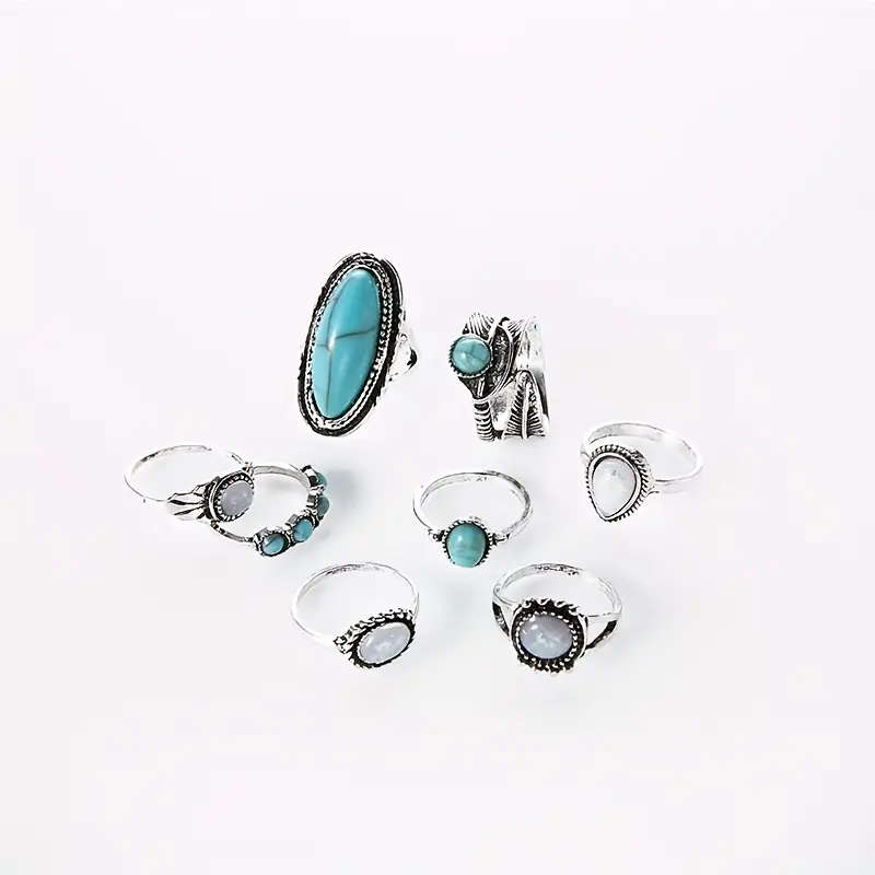 8pcs Vintage Boho Turquoise Mosaic Alloy Ring Set