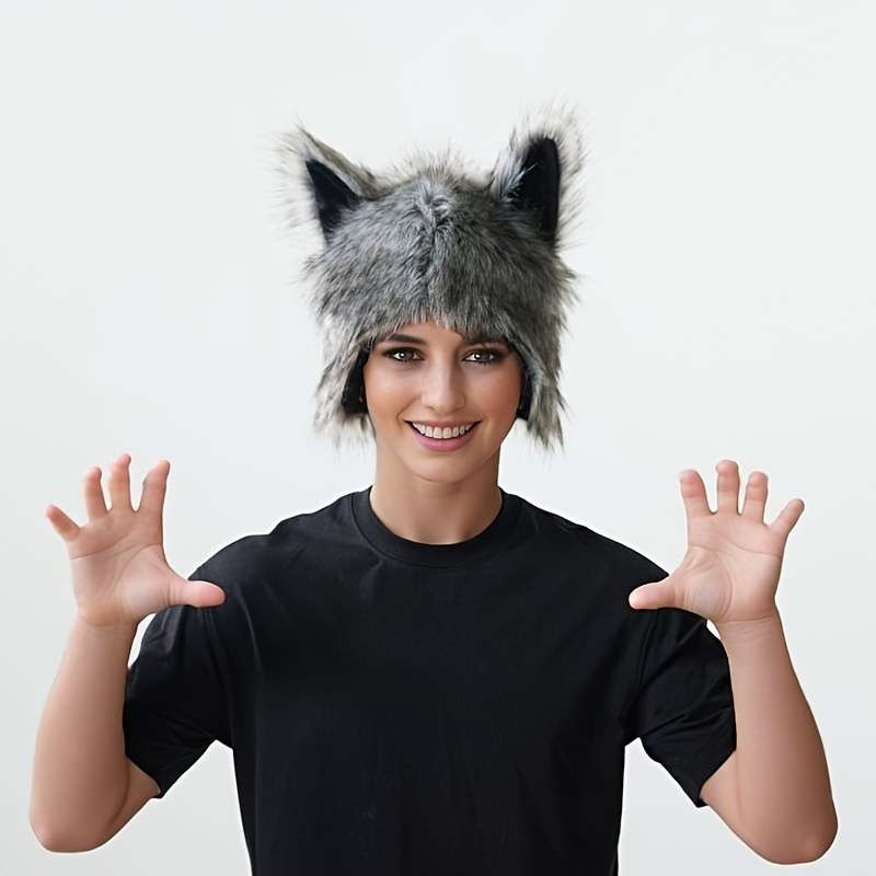 1pc Unisex Wolf Plush Street Style Hat Animal Themed Headwear For Halloween Christmas Party Costu
