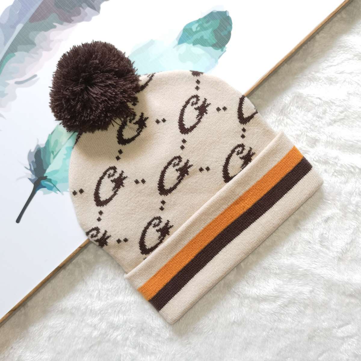 Y2K Polyester Knit Beanie Double-Sided Patterned Striped Turn-Up with Pom-Pom Unisex Fash