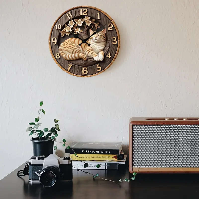 1pc 3D Wooden Cat Pattern Wall Clock Silent Digital Display Round