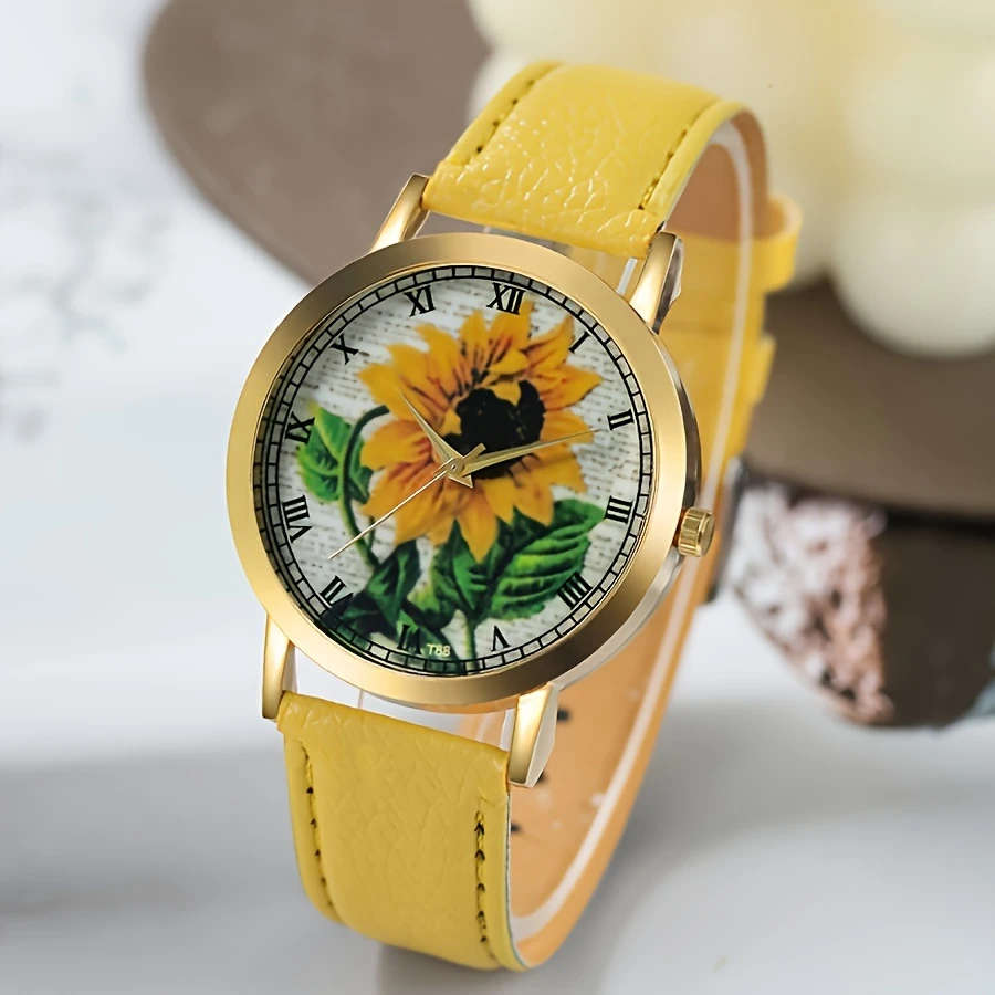 6pcs Set Women's Quartz Watch Set Bracelet Necklace Ring Earrings Jewelry Set Yellow Sunflower Fashi