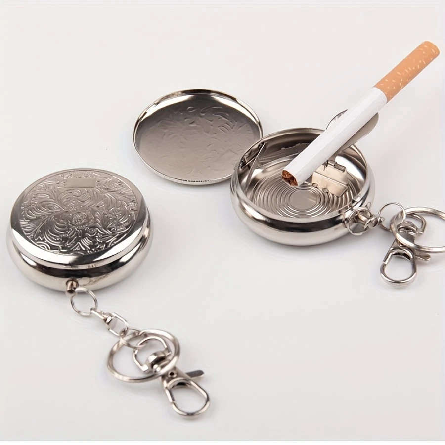 Stainless Steel Round Ashtray With Key Ring No Battery Required Color Sent Randomly