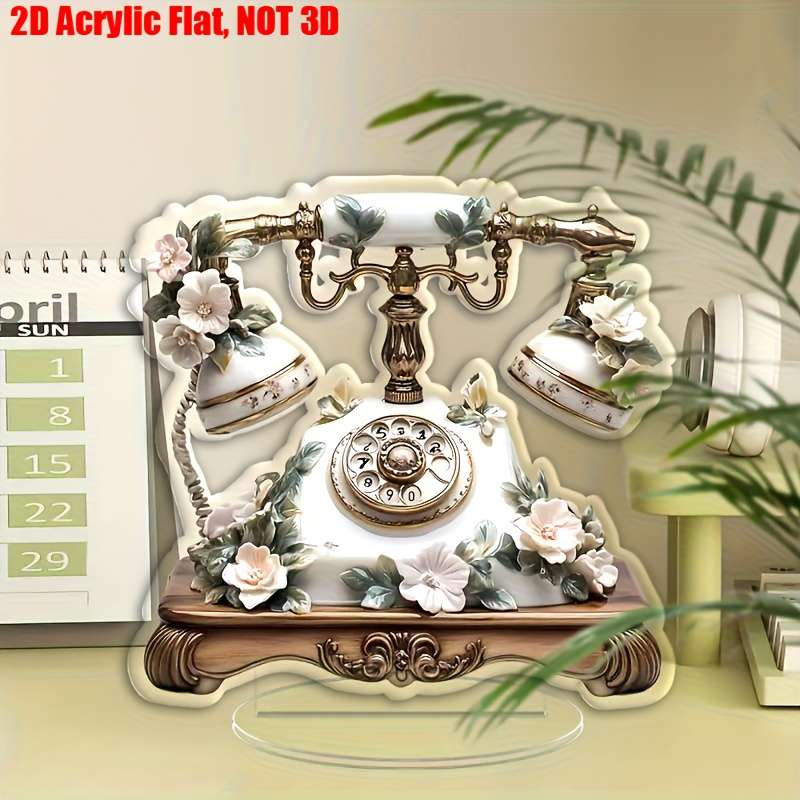 Bohemian Style 2D Flat Acrylic Wall Art Vintage Telephone With Flowers