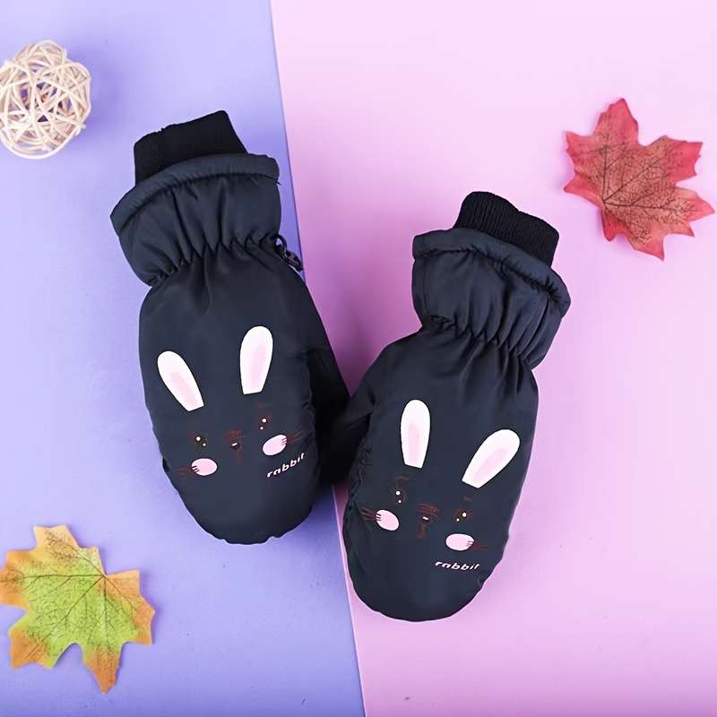 1 Pair Bunny Black Size 3 To 6 Years Old Warm Gloves