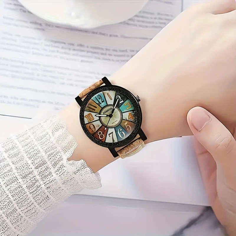 1Pc Women'S Wooden Quartz Wrist Watch Fashionable Alloy Case and Faux Leather Band