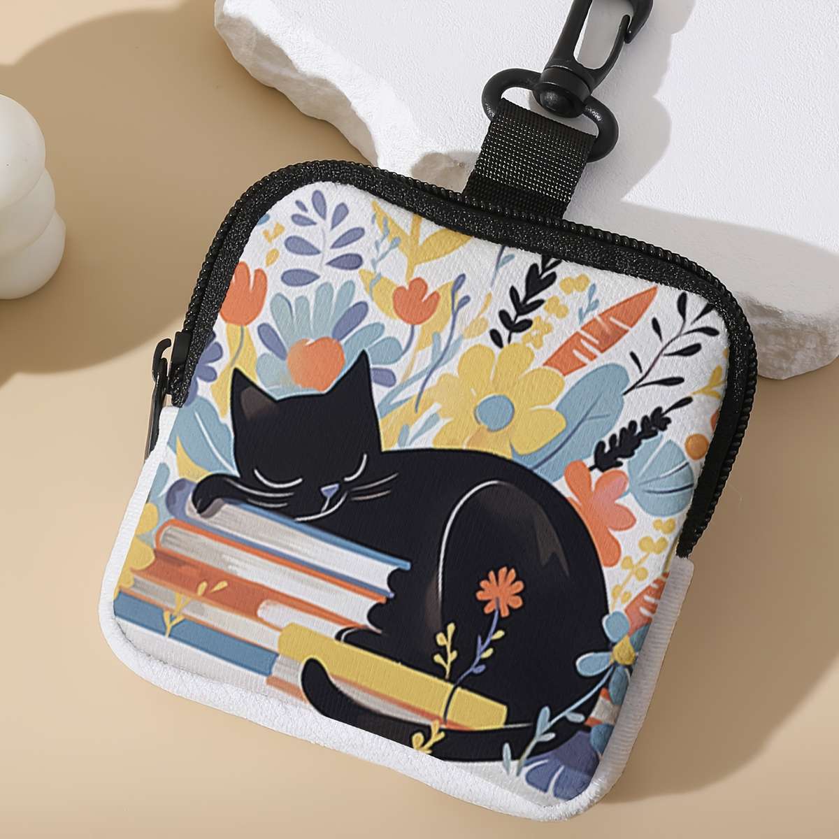 Contemporary Polyester Coin Wallet With Sleeping Cat Books Design Large Capacity Zippere