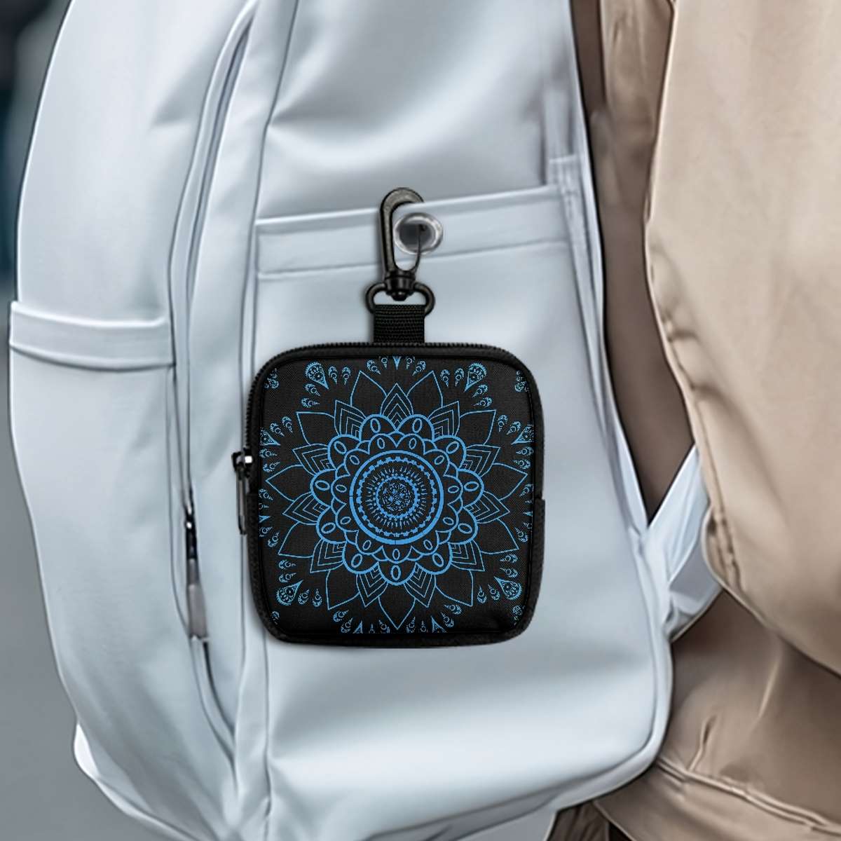 Mandala Flower Coin Purse With Hook Stylish Polyester Earphone Key Organizer Zippered Trav