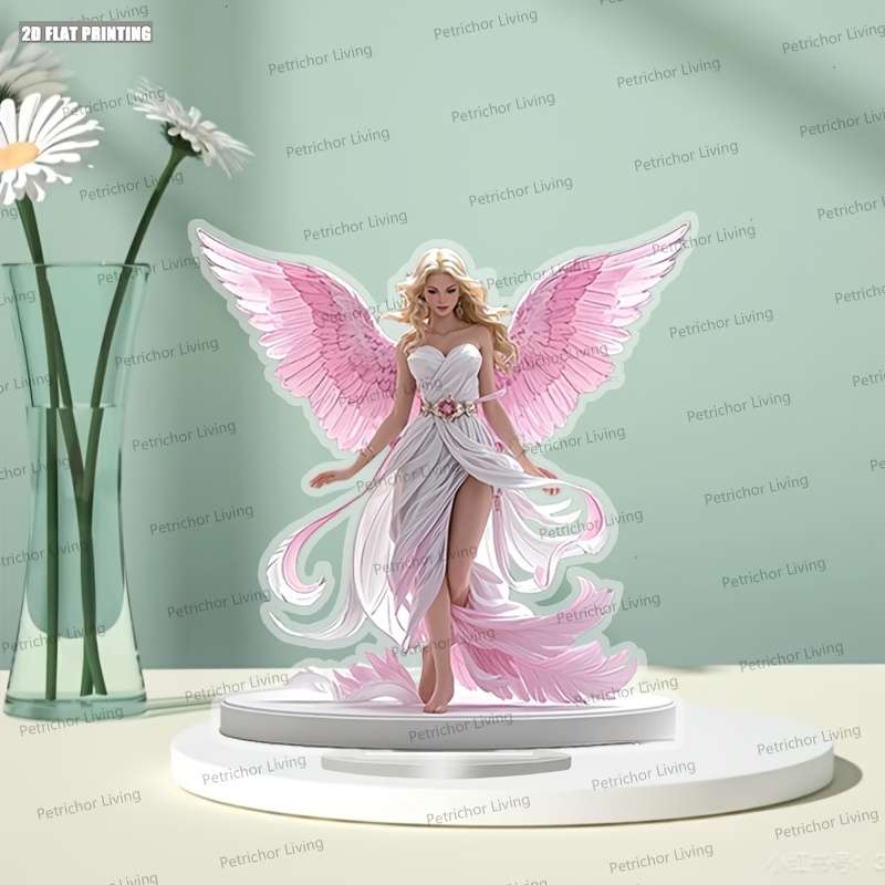 1pc 2D Flat  Bohemian Style  Print Acrylic Angel Desktop Decoration with Pink Wings Serene