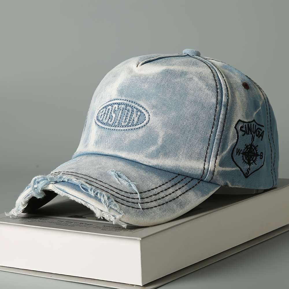 Vintage Washed Denim Baseball Cap With Boston Embroidery Lightweight Soft Top Wide Brim