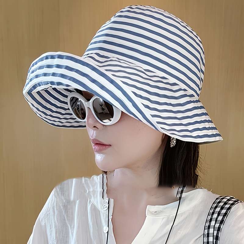 Black White Striped Wide Brim Bucket Hat Lightweight Breathable Sun-Protective Fisherman