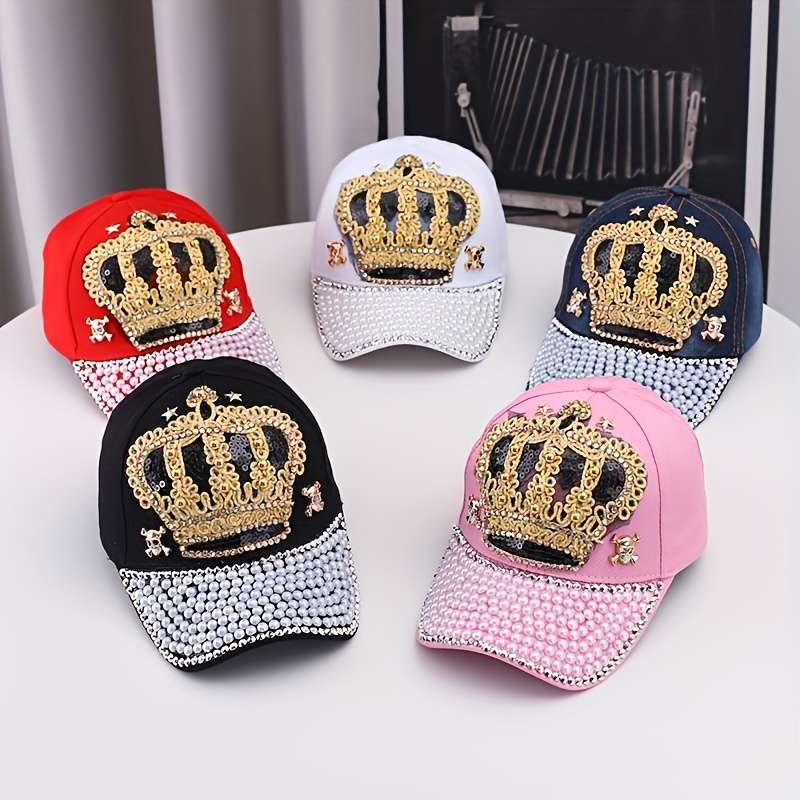 Baseball Cap Designer'S New Style With Crown Embellished With Diamonds And Pearls Denim