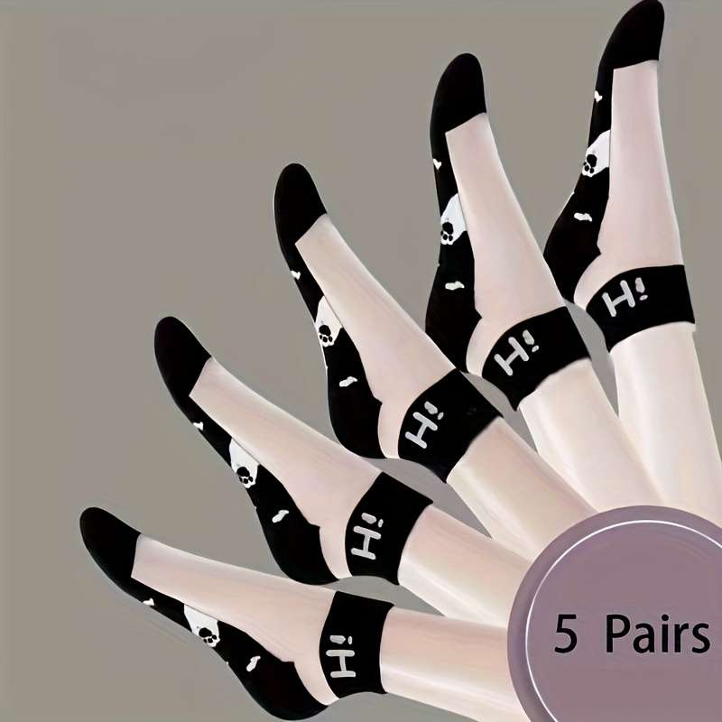 5 Pairs Black And White Cat A One Size High Elastic Socks