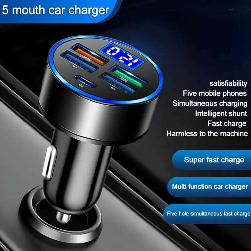 5-Port Car Charger with LED Display - Fast Charging for Multiple Devices, Universal 12-24V Adapter