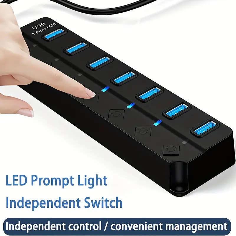 7-Port USB 3.0 Hub with LED Indicator High-Speed Data Splitter for Laptops Desktops Surface Pro PS4/
