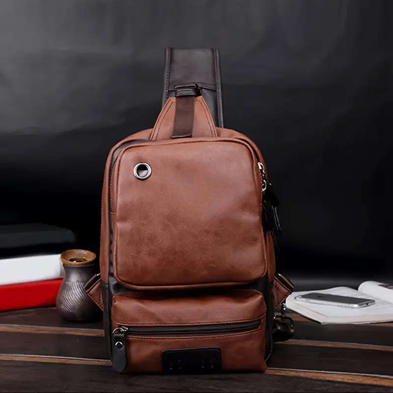 Men's Large Capacity Chest Backpack Retro Multi-layer Slant Shoulder Bag With Earphone Cables Hole