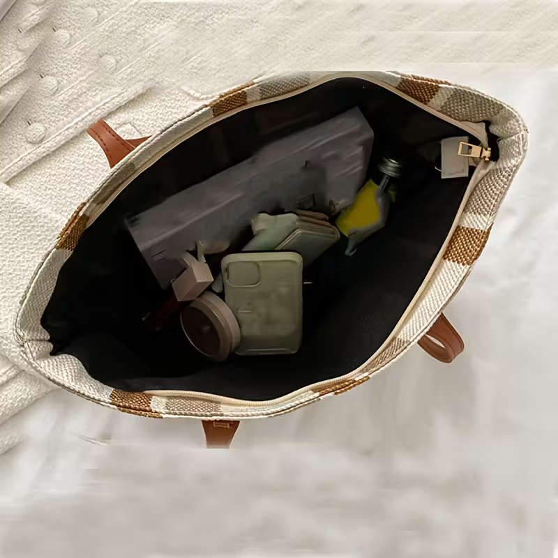 Simple Vertical Stripes Large-Capacity Handbag Brown