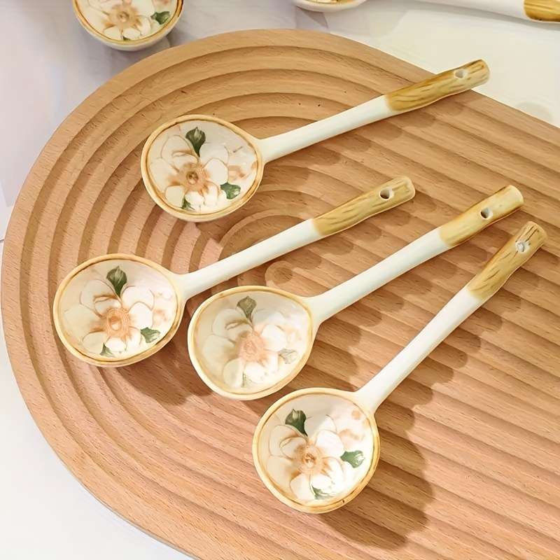 6pcs Elegant Long-Handle Ceramic Coffee Spoons with Floral Design Ideal for Serving Coffee T