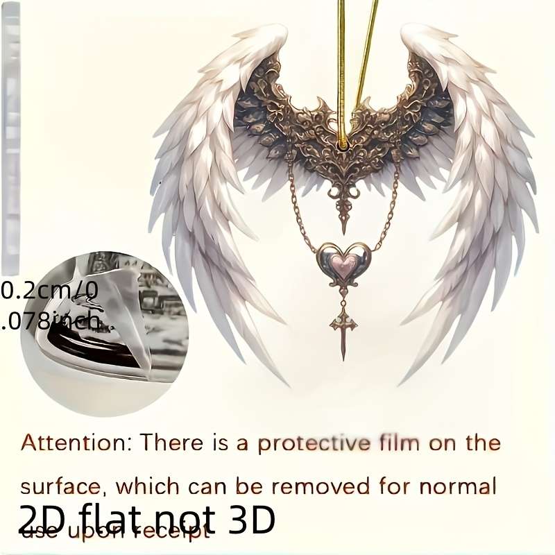 1pc 2D Flat  Elegant  Acrylic Angel Wings Pendant with Heart-Shaped Keychain Ethereal White G
