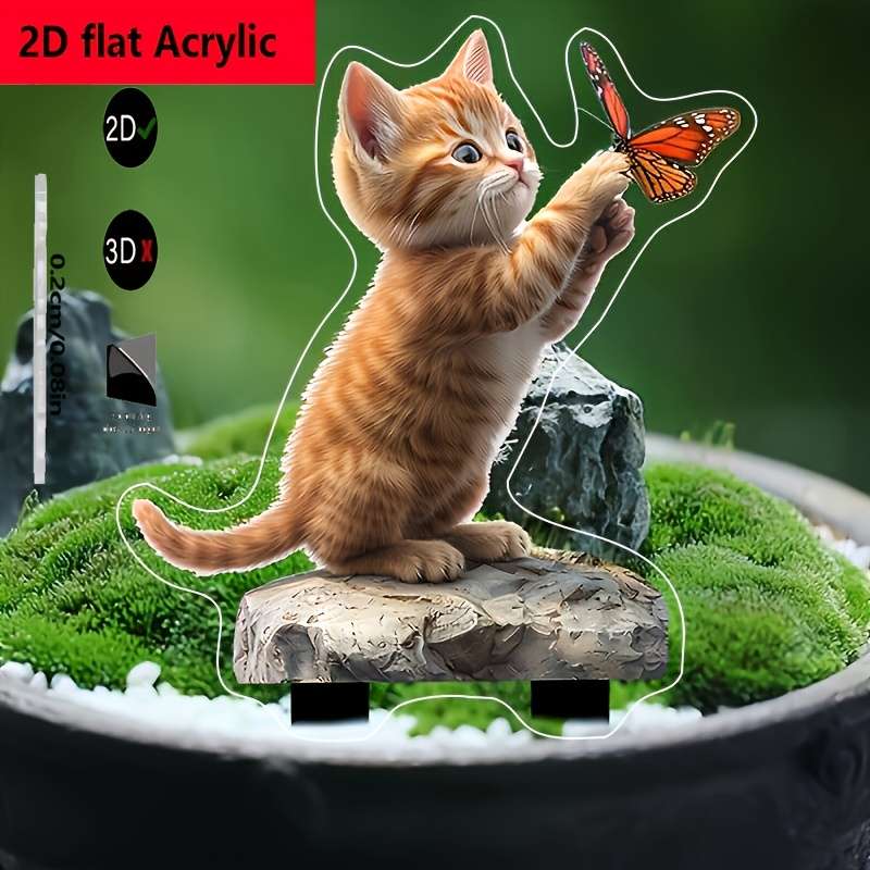 2D Flat One Piece Whimsygarden Acrylic Kitten And Butterfly Garden Stake Plug Waterproof