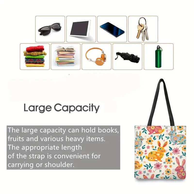 1pc Easter Bunny Decoration Vibrant Florals Canvas Tote Bag Large Women Casual Shoulder Bag Handbag