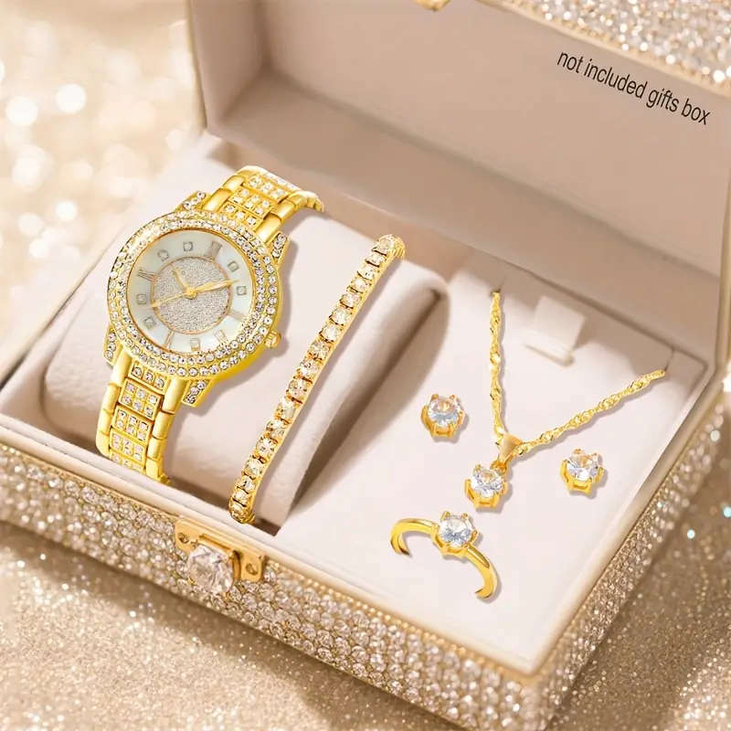 6 Pieces Silver Quartz Watch Jewelry Set