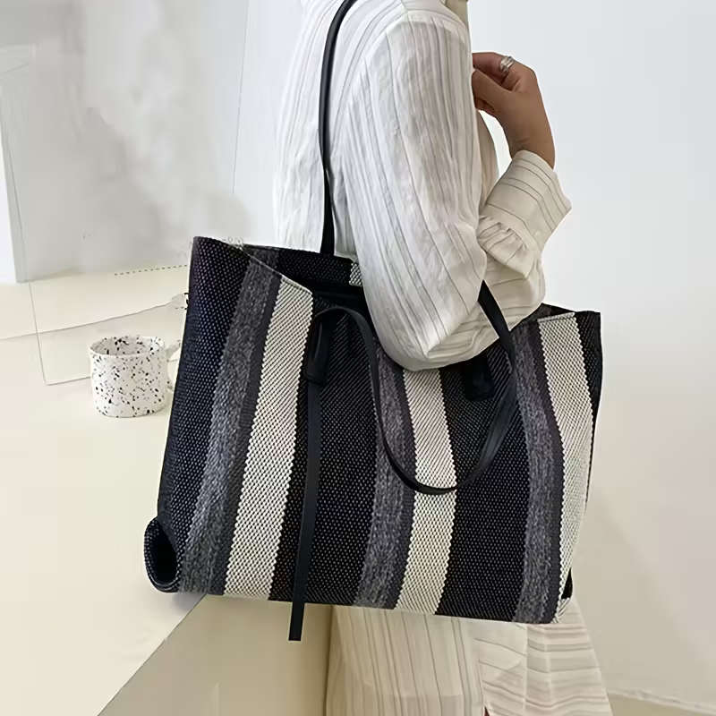 Simple Vertical Stripes Large-Capacity Handbag Brown