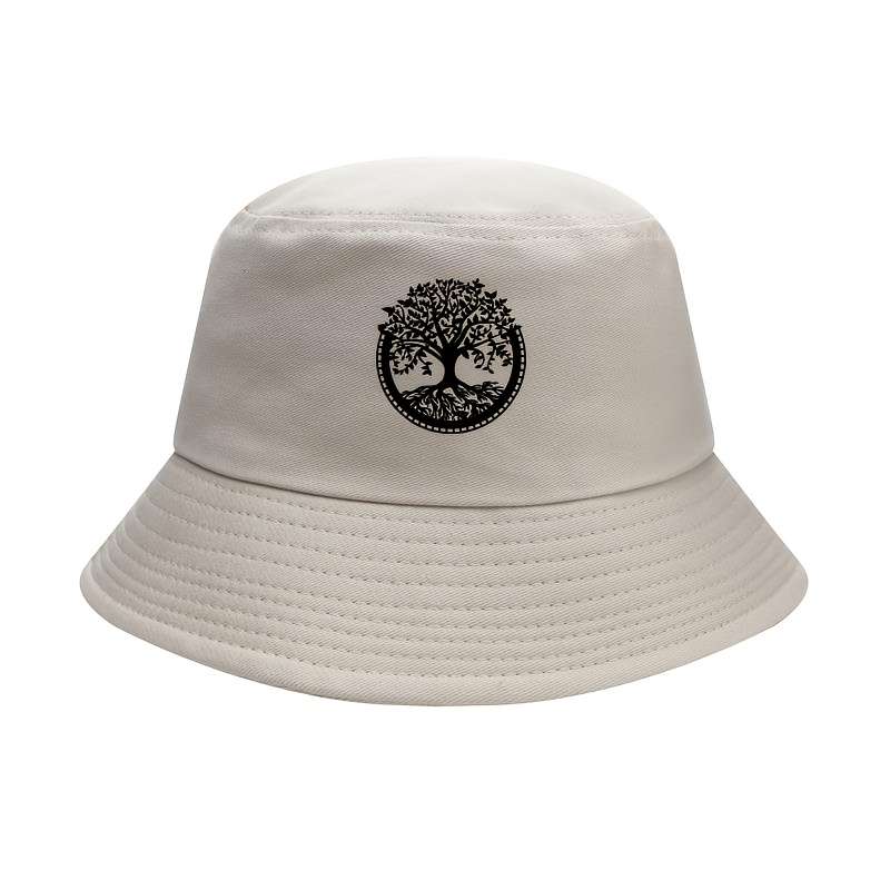 1pc Elegant Black Bucket Hat with White Tree Embroidery Comfortable Breathable Stylish Knit Fi